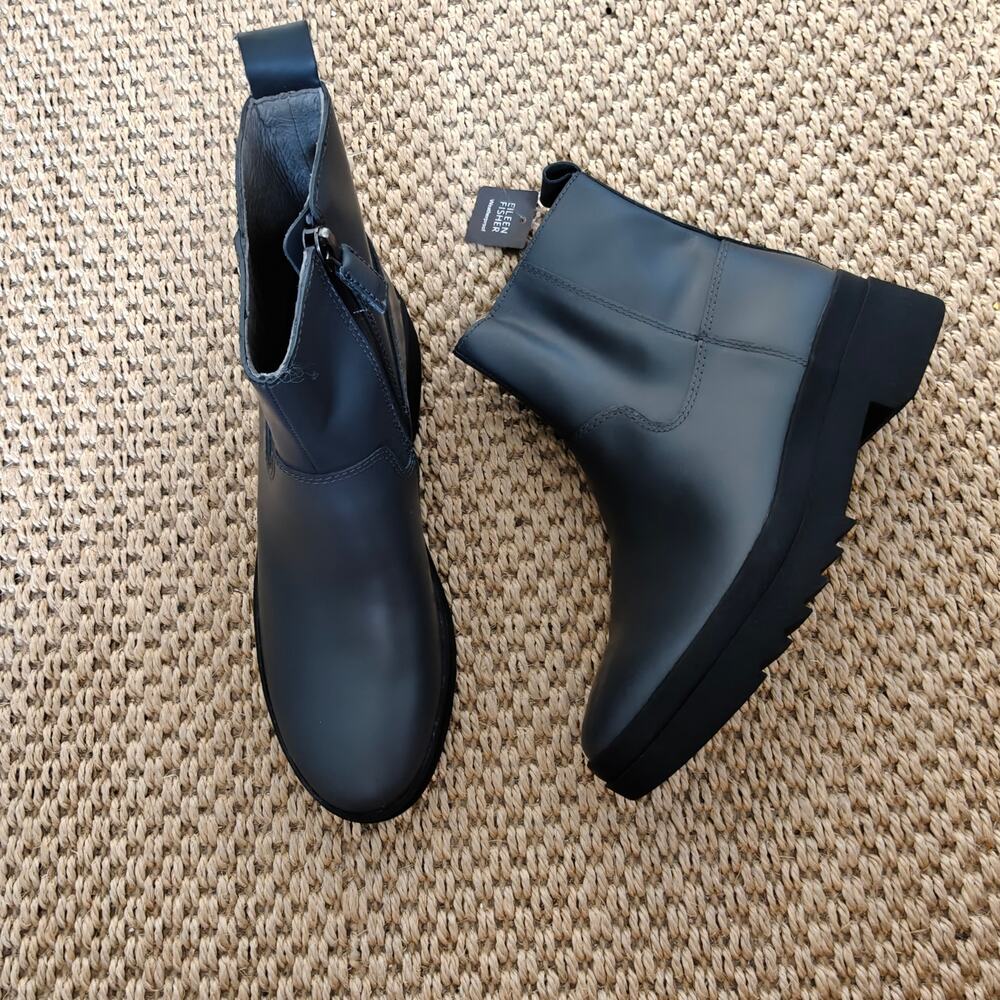 Eileen Fisher Floyd Waterproof Leather Lug Ankle Boots Gray Size 6 New